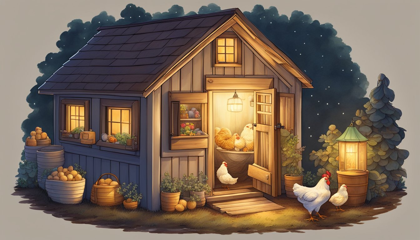 A cozy chicken coop glows with a warm night light, surrounded by whimsical chicken-themed gifts