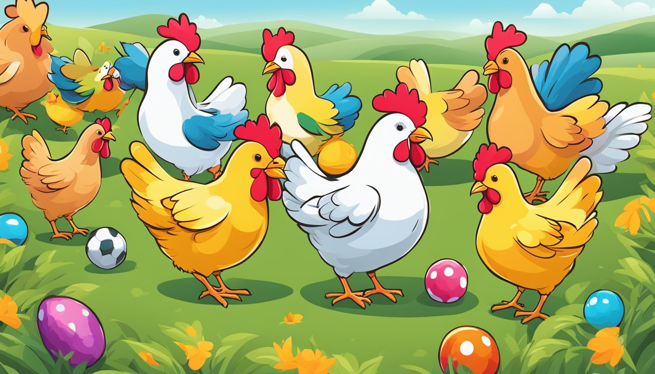 A group of colorful, cartoon chickens playing various games in a field