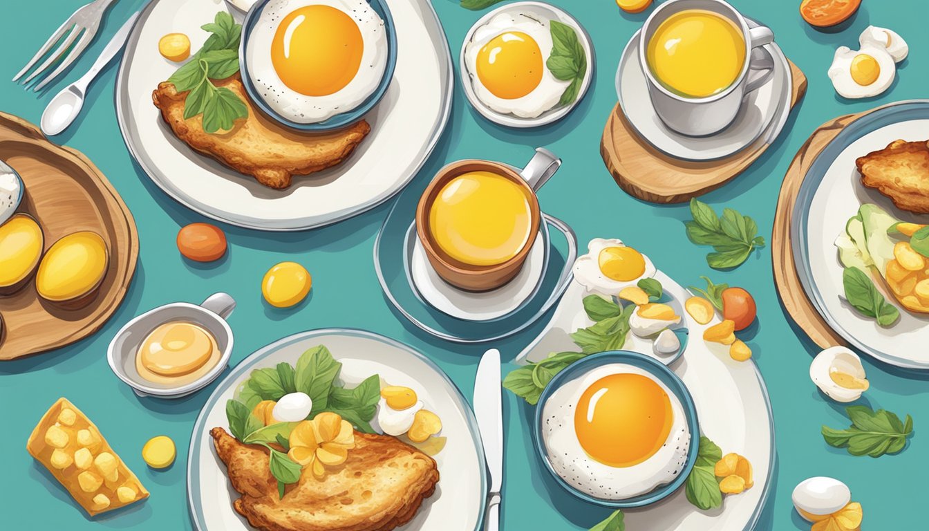 A sunny breakfast table with colorful egg cups, featuring whimsical chicken designs