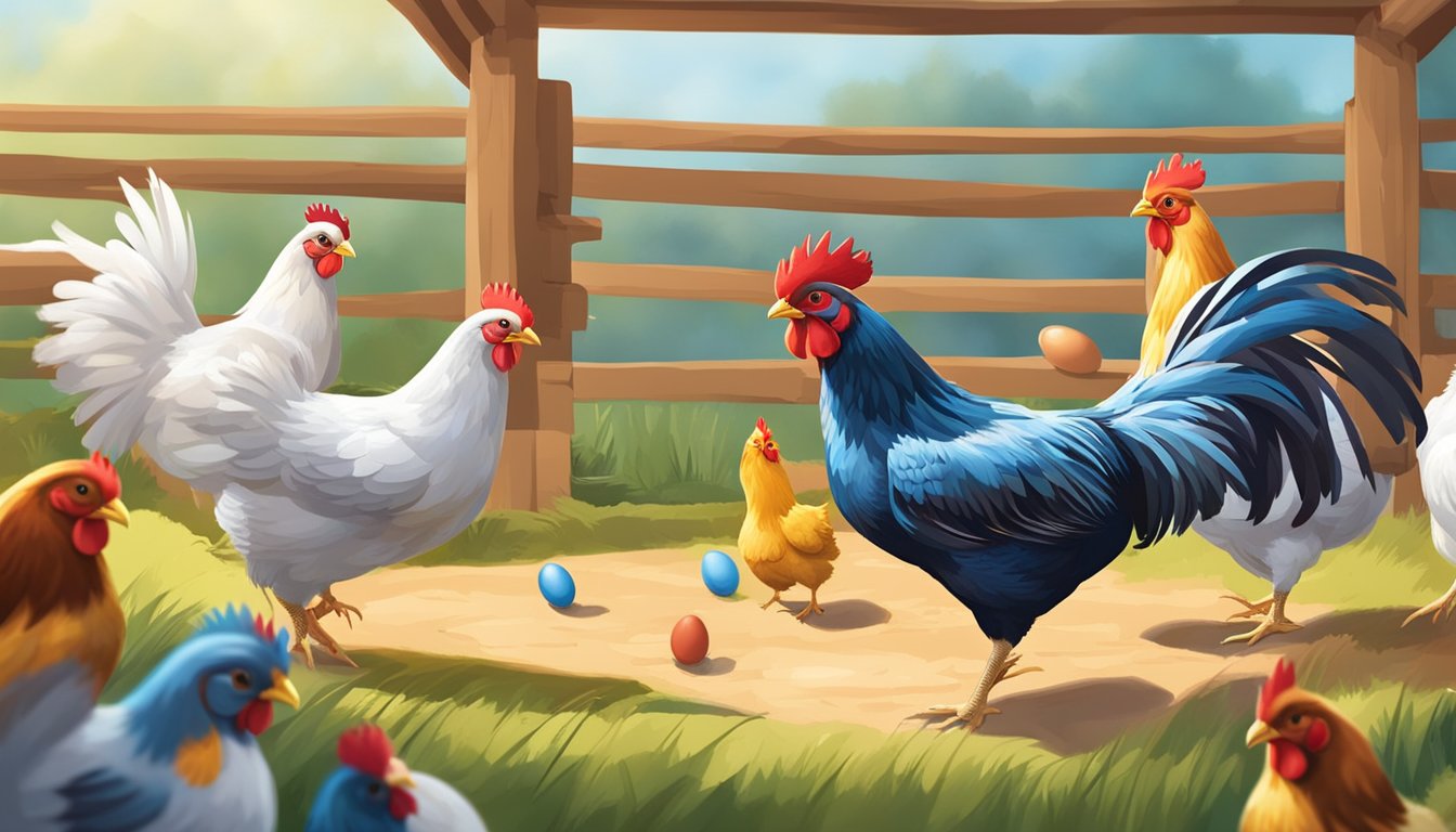 A group of colorful chickens playing various games in a lively coop, including egg races, chicken tag, and feathered relay races