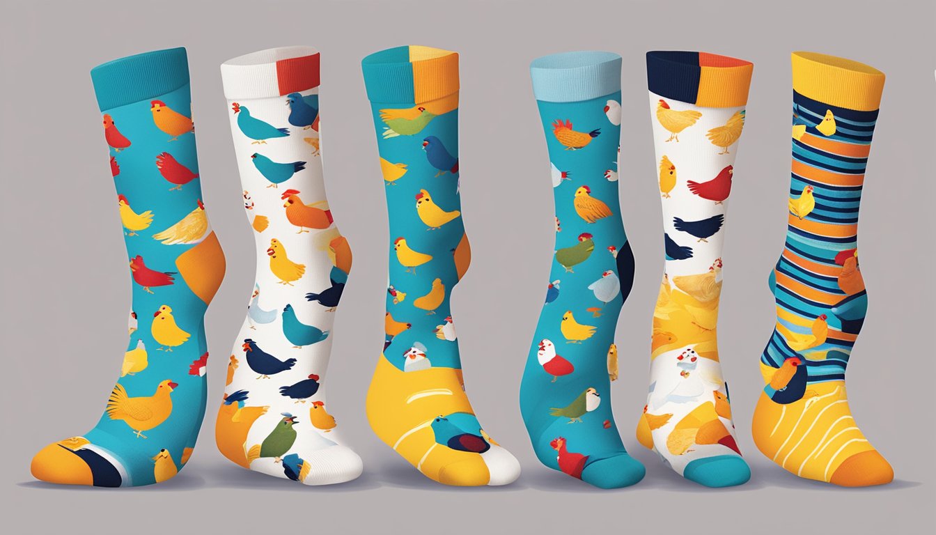 A colorful array of chicken-themed socks arranged in a playful and whimsical manner