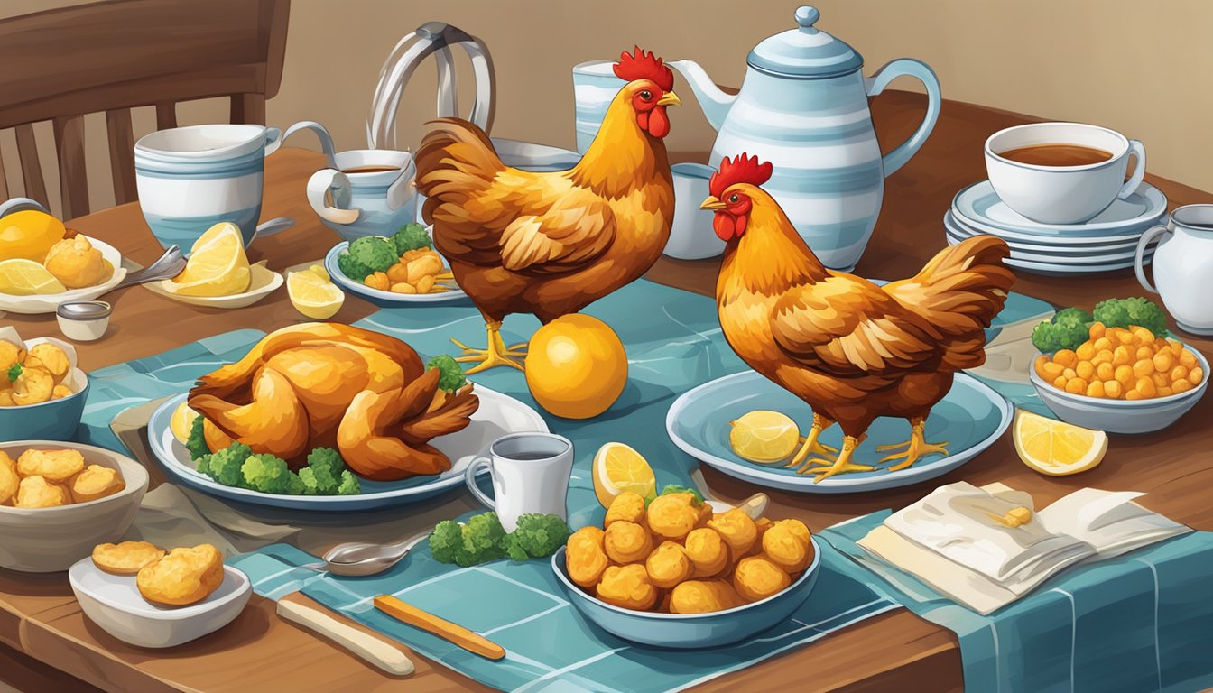 A colorful kitchen table with a variety of chicken-themed gifts arranged neatly, including mugs, figurines, and a calendar featuring adorable chicken illustrations