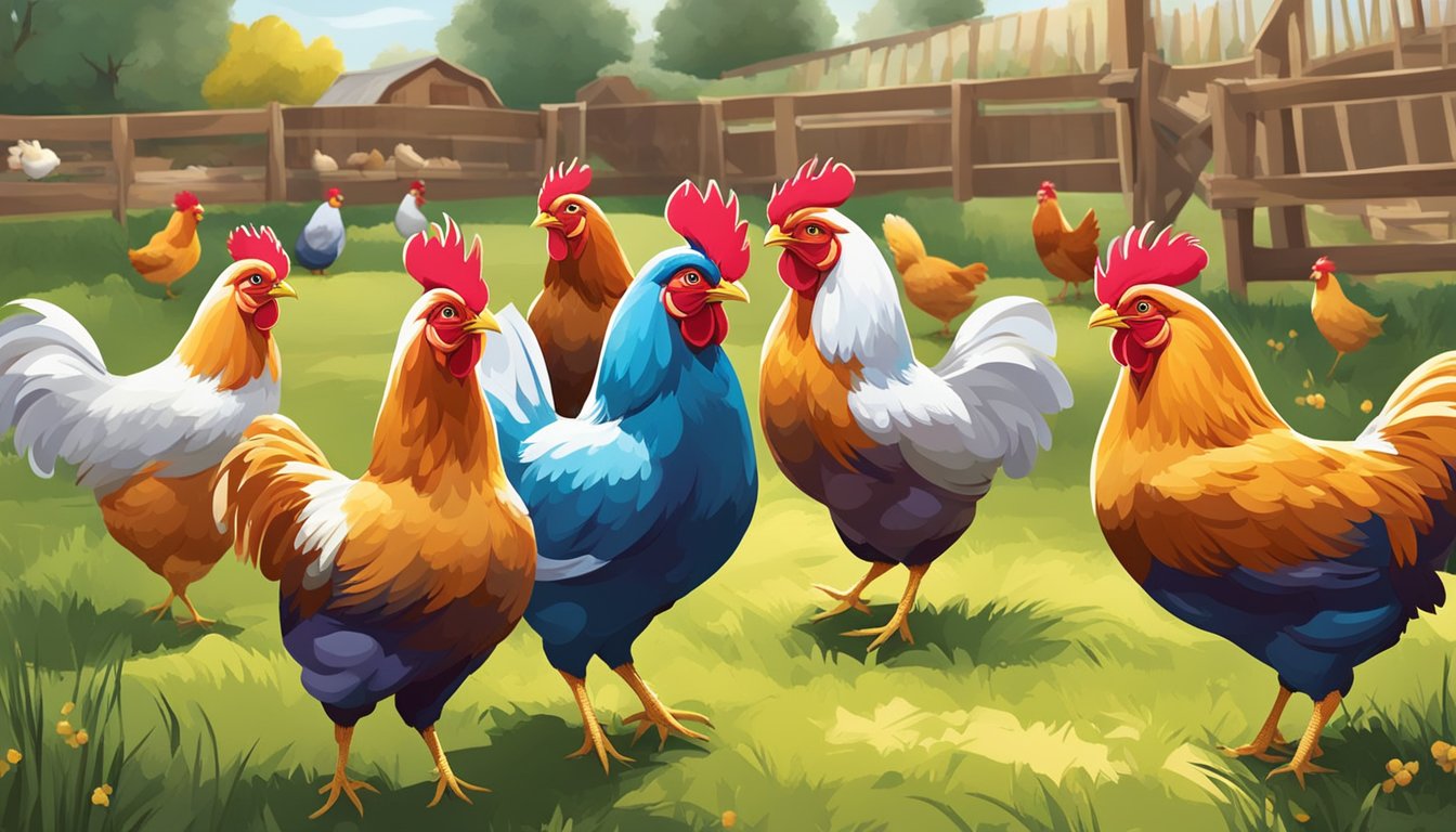 A group of colorful chickens play games in a lively farmyard. They are seen participating in various activities such as egg hunts, chicken races, and pecking contests