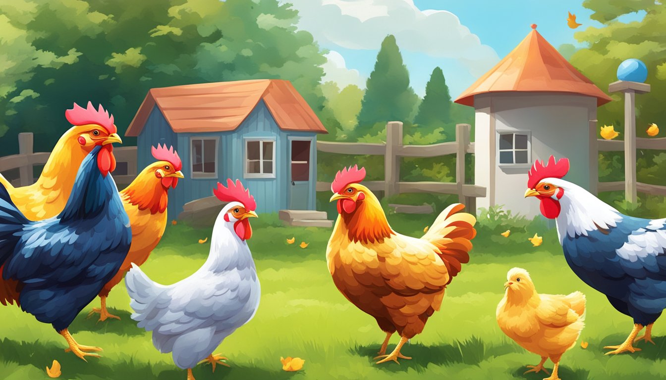 A group of colorful chickens playing various games in a sunny, grassy yard