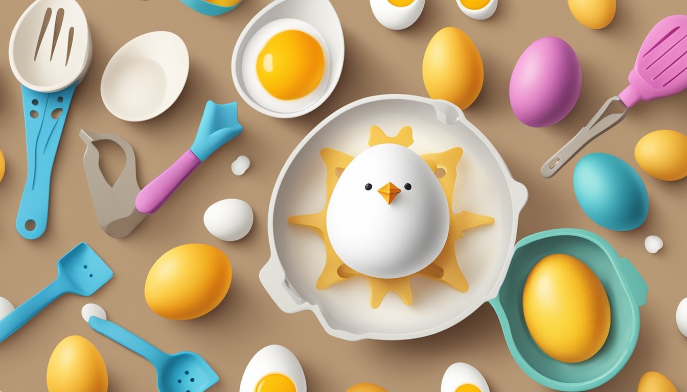 A smiling chicken-shaped egg yolk separator surrounded by colorful kitchen utensils and a carton of eggs