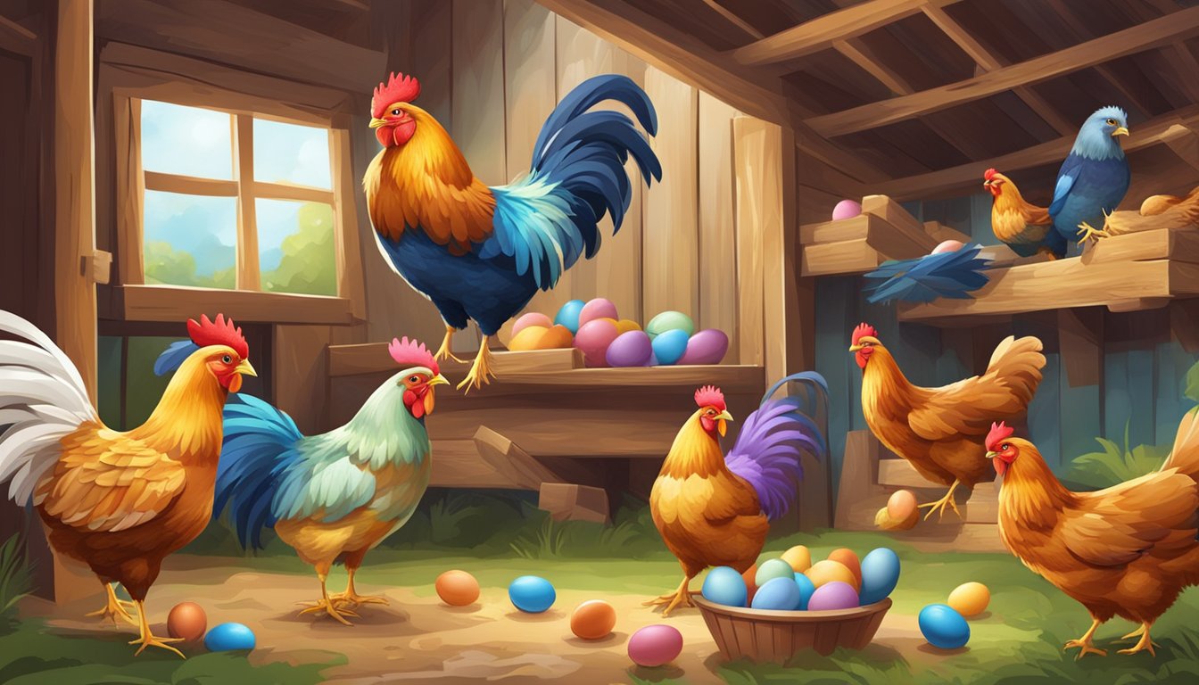 A group of colorful chickens playing various games in a lively hen house, with feathers flying and eggs rolling