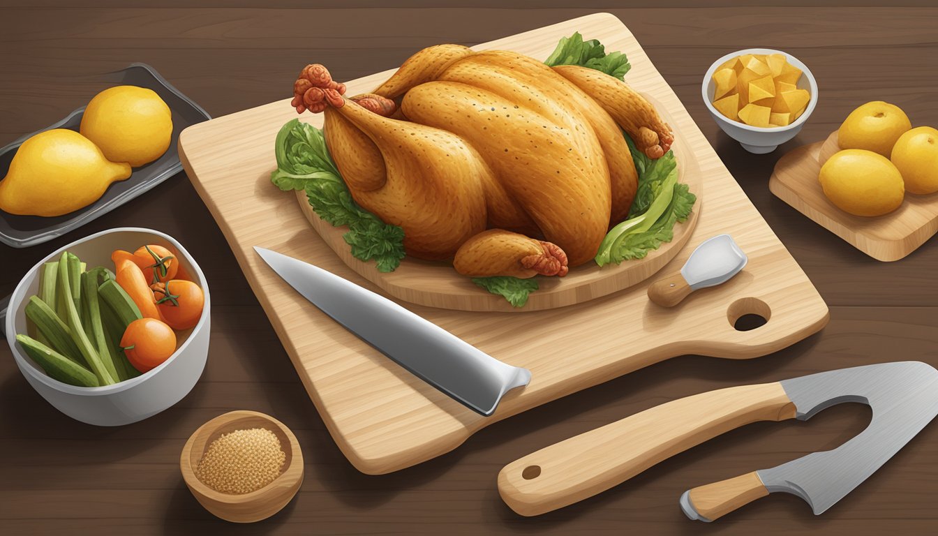 A chicken-shaped cutting board surrounded by chicken-themed gifts