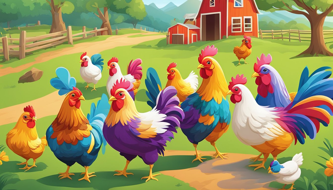 A group of colorful, animated chickens engage in 10 educational games, including puzzles, quizzes, and memory challenges, set against a vibrant farm backdrop