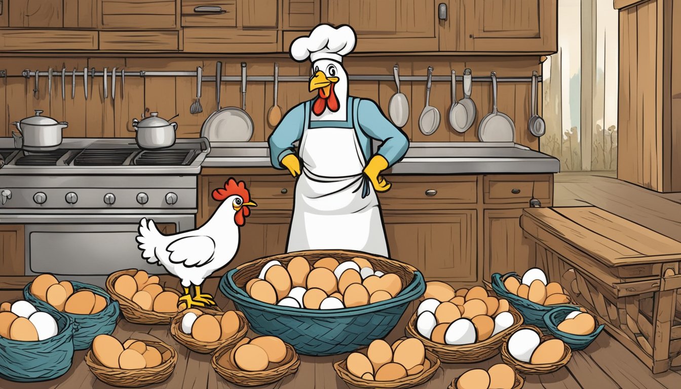 A colorful apron covered in cartoon chickens, eggs, and feathers, with a background of a rustic kitchen and a basket of fresh eggs