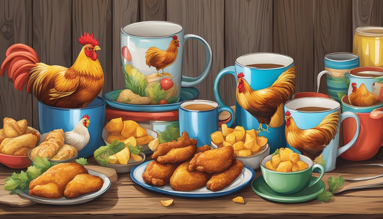 A colorful array of chicken-themed gifts, including mugs, socks, and kitchen decor, displayed on a rustic wooden table