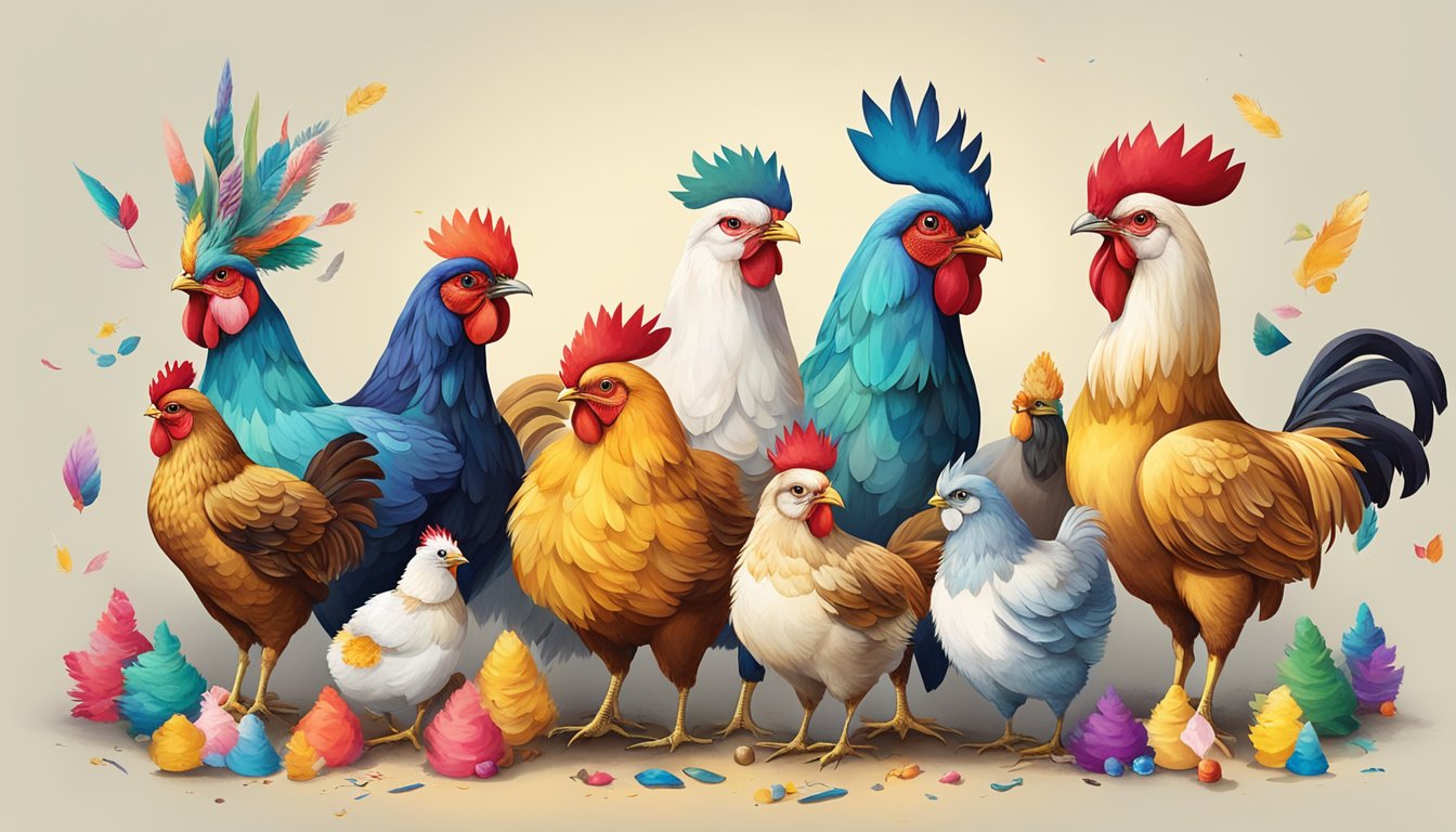 A group of colorful feathered chickens wearing crowns surrounded by various craft supplies and children's artwork