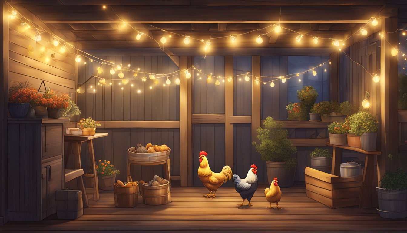 A cozy chicken coop adorned with whimsical chicken shaped string lights hanging from the ceiling, adding a touch of charm to the space