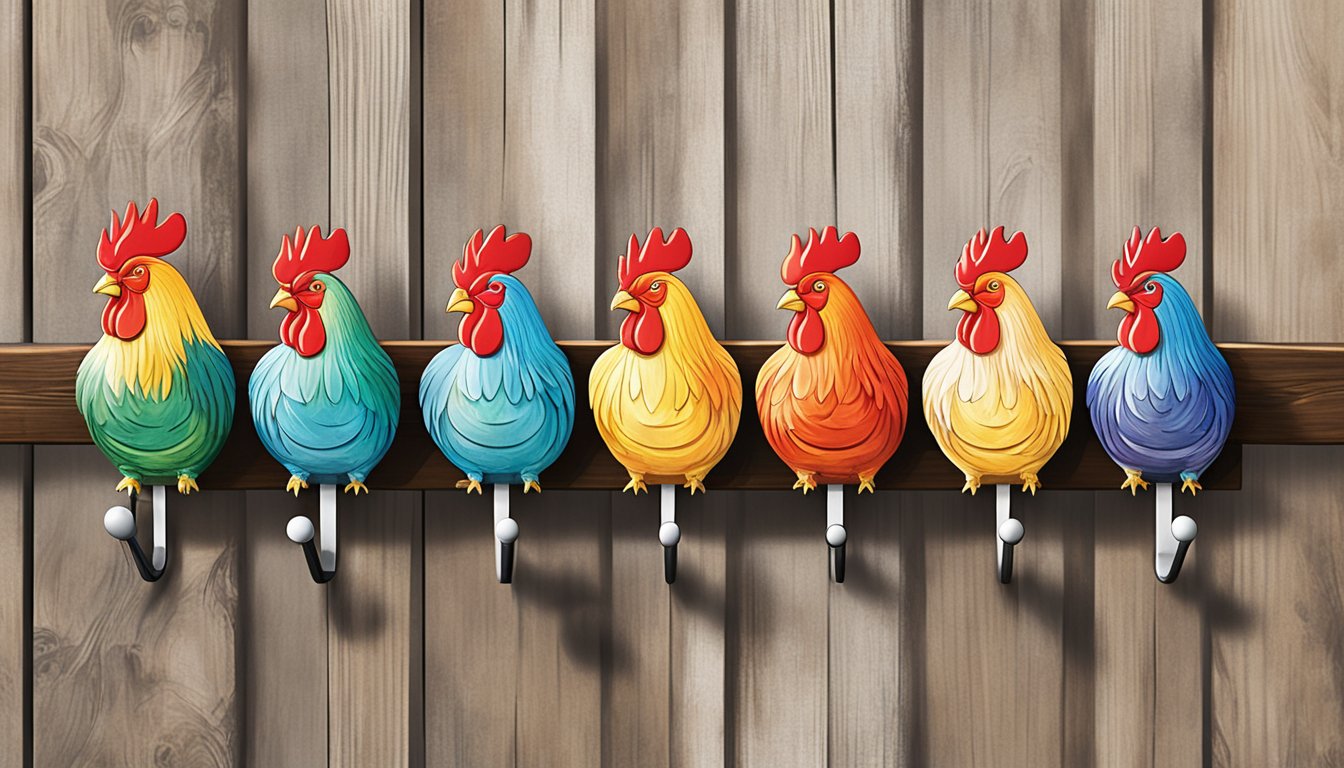 A row of colorful rooster-shaped wall hooks hang on a wooden coop wall, each hook adorned with whimsical chicken-themed decorations