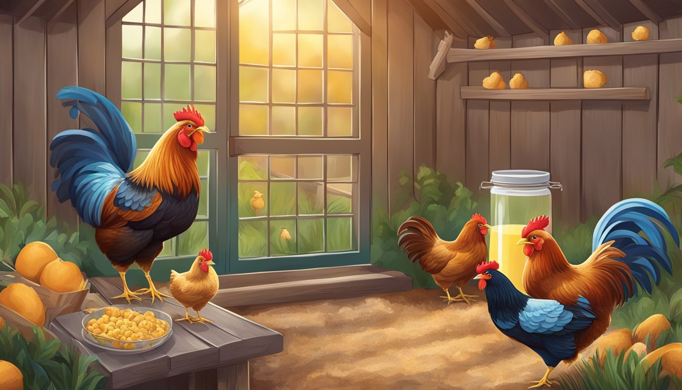 A colorful hen feeding station with chicken-themed decorations in a cozy coop setting