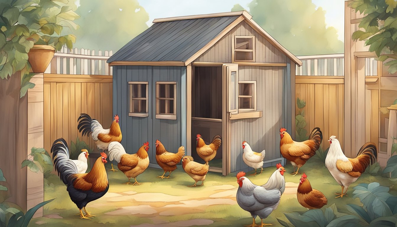 A cozy chicken coop with feather-patterned curtains, surrounded by 10 playful chicken-themed decorations