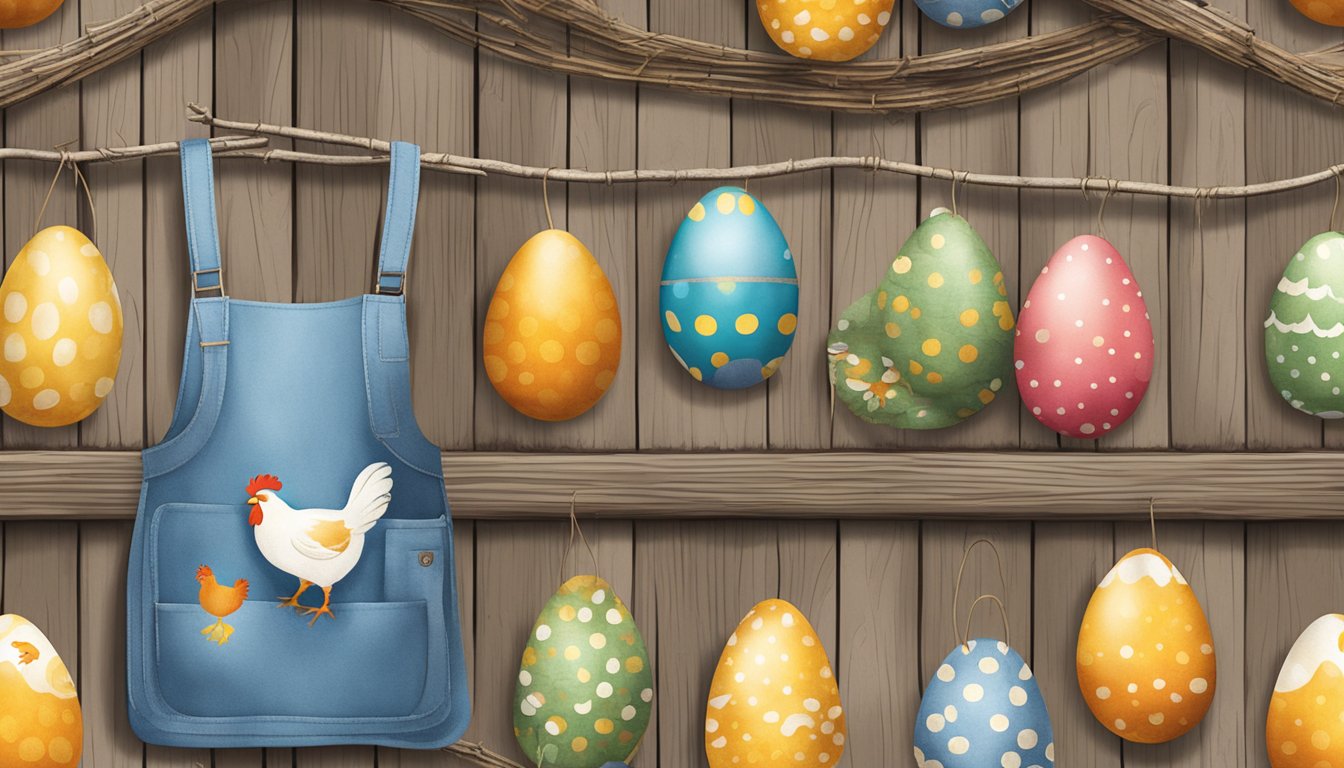 A colorful egg collecting apron adorned with chicken-themed decorations hangs on a rustic coop wall