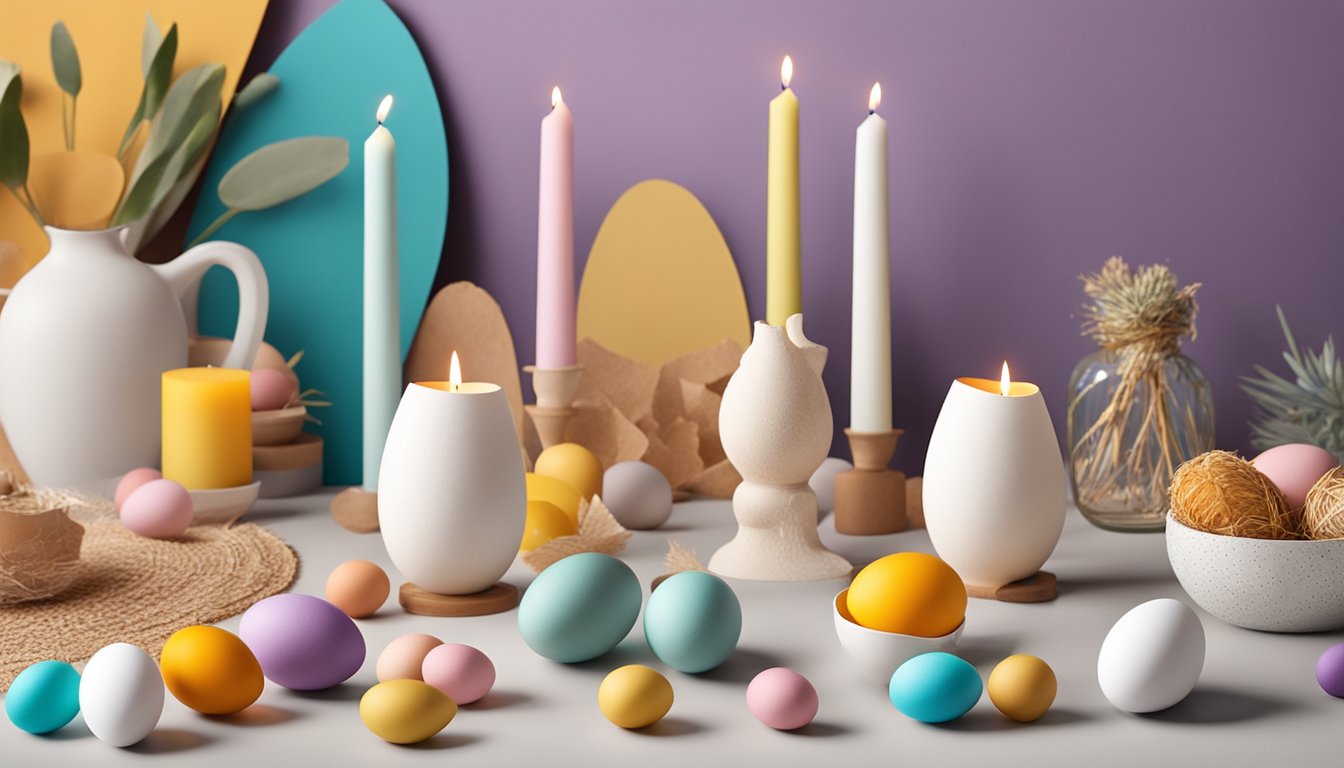 Eggshell candle holders arranged on a table, surrounded by colorful chicken-themed decorations and DIY crafting supplies