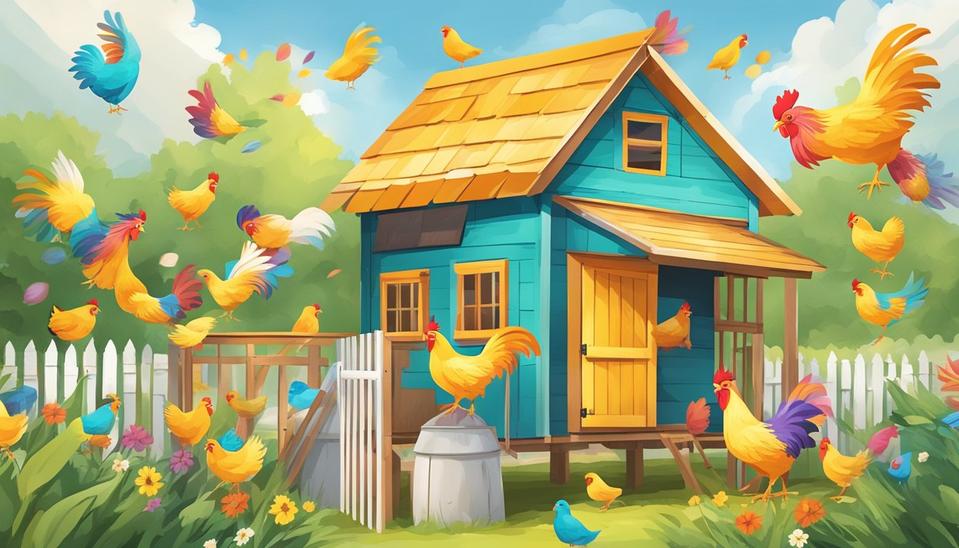 Colorful chicken wind spinners twirling in the breeze above a cheerful and vibrant chicken coop