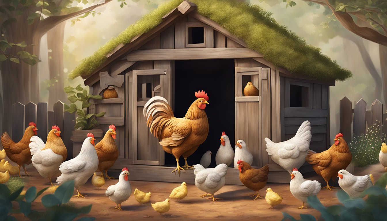 A rustic hen sculpture surrounded by 10 chicken-themed decorations in a cozy coop setting