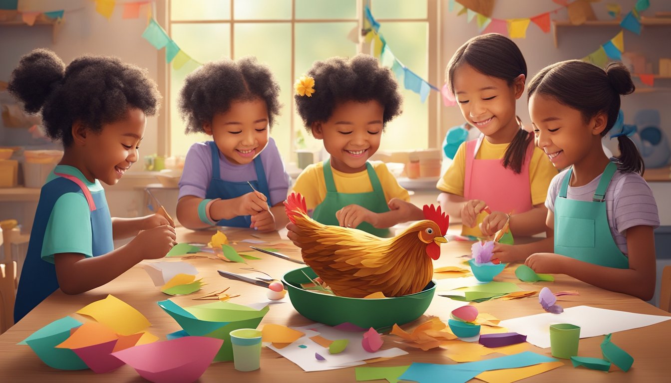 A group of children happily crafting chicken-themed projects with colorful paper, glue, and scissors. Feathers, beaks, and eggs are scattered around the table