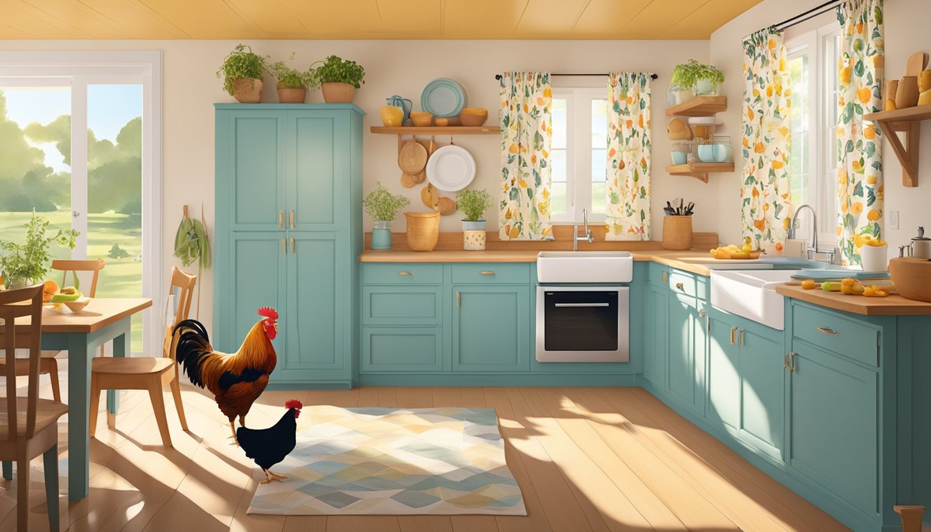 A cozy kitchen with rooster stencil curtains, sunlight streaming in, and various DIY chicken-themed projects scattered around