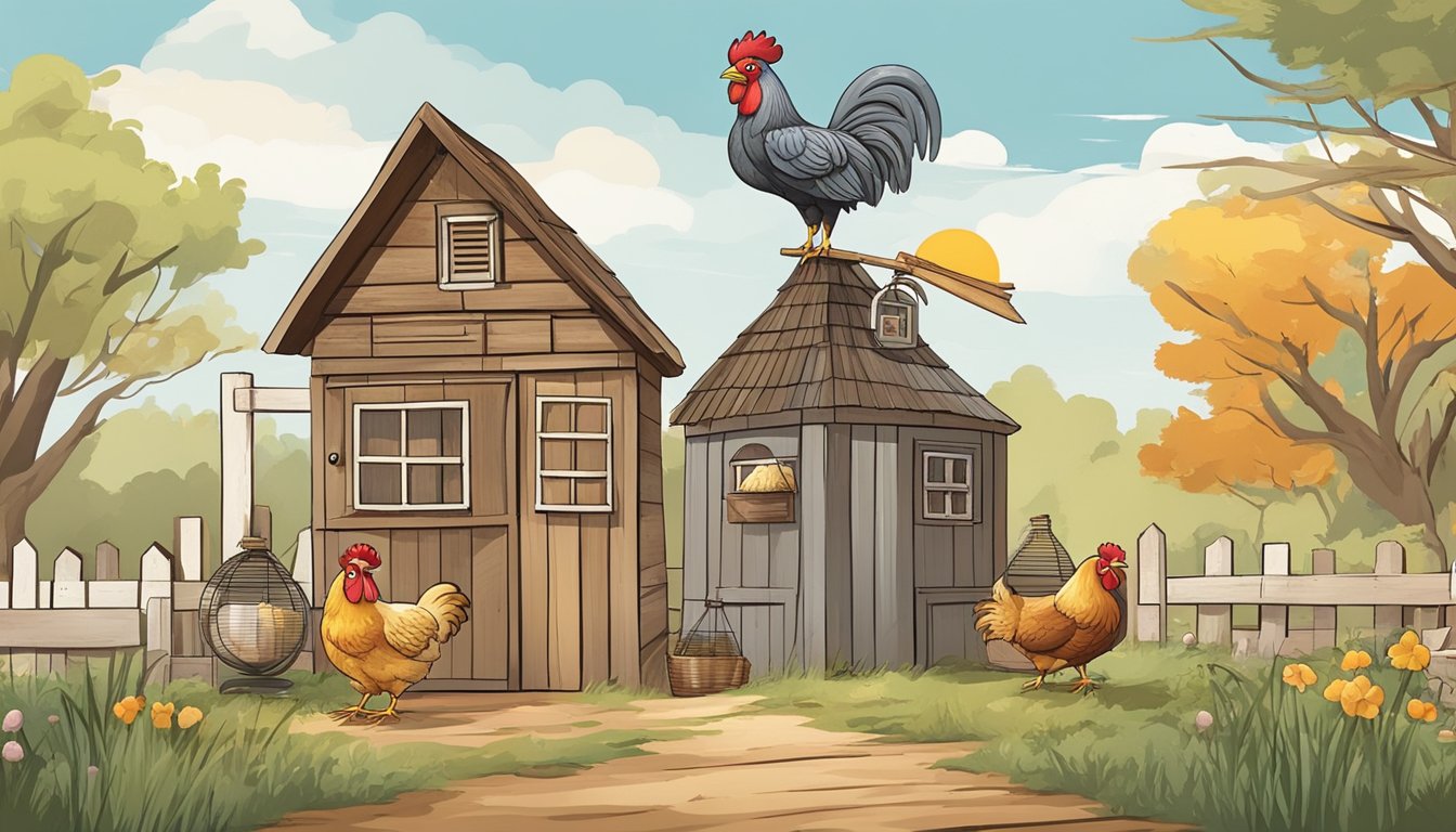 A rustic chicken coop with a weathered cockerel weather vane atop a weathered wooden roof. Surrounding the coop are various fun chicken-themed decorations such as colorful wind chimes and a quirky egg-shaped mailbox