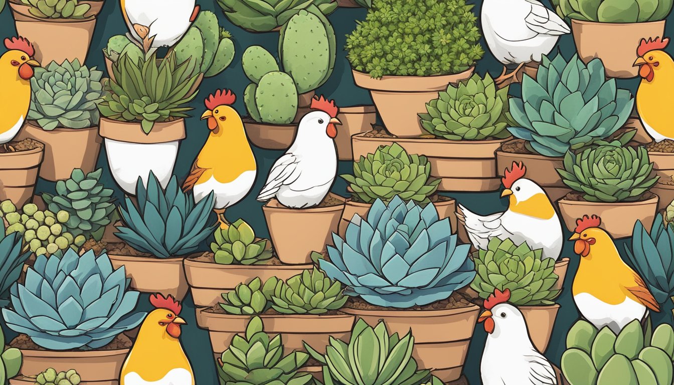 A colorful array of succulent plants arranged in egg cartons, with chicken-themed decorations scattered around