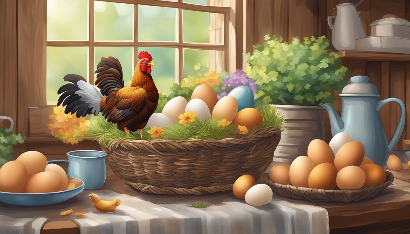 A rustic egg basket surrounded by colorful chicken-themed decorations in a cozy farmhouse setting