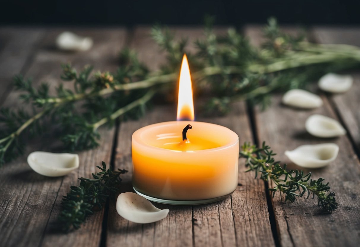 A single lit candle on a rustic wooden table, surrounded by delicate flower petals and greenery