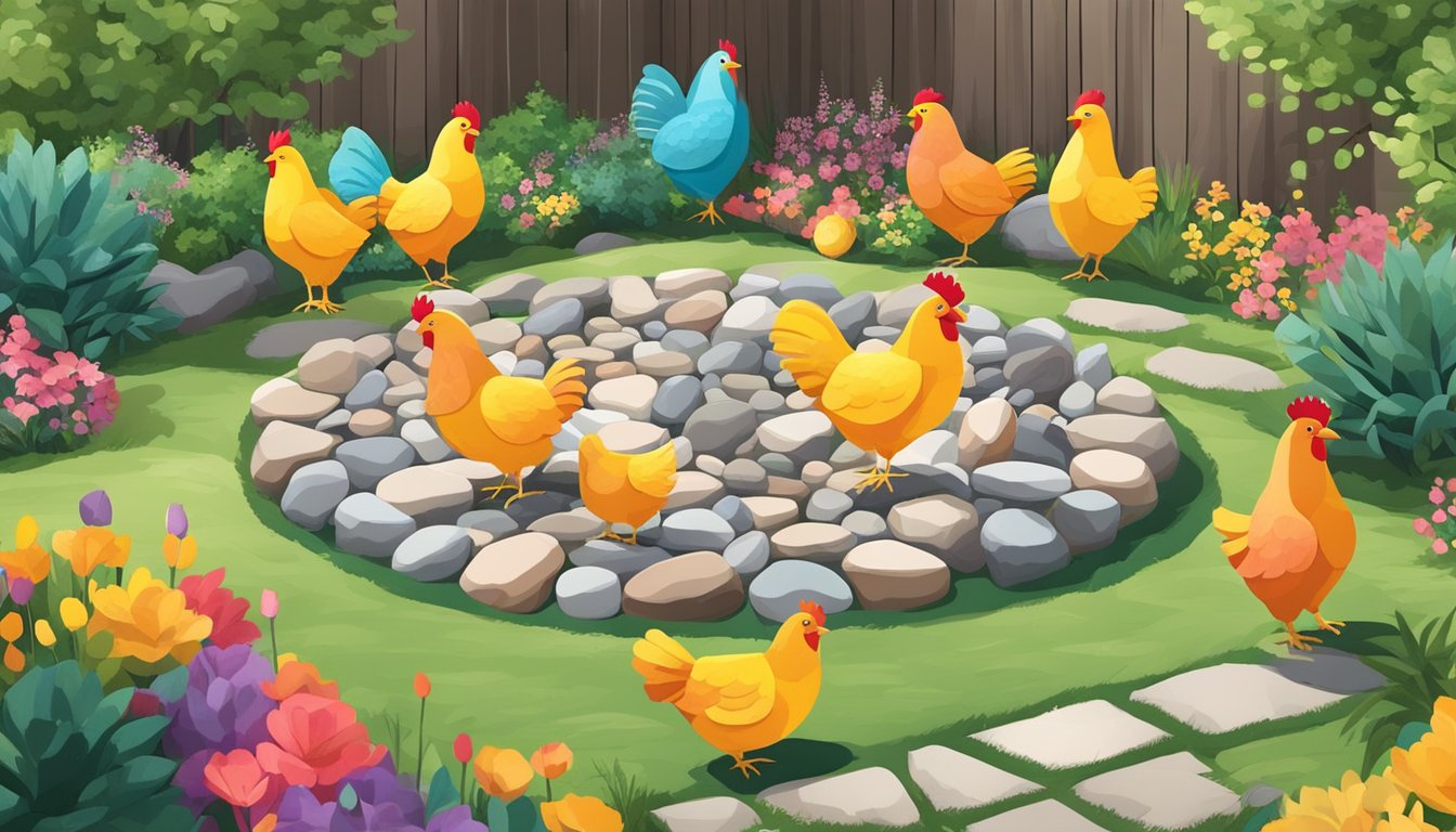 A backyard garden filled with colorful, chicken-shaped stones arranged in various DIY projects, adding a playful and cheerful touch to the outdoor space