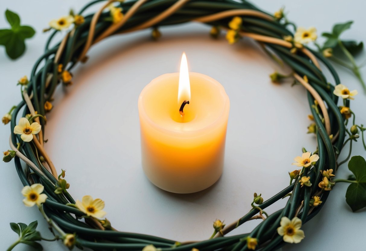 A single lit candle surrounded by a circle of intertwined vines and flowers, symbolizing the enduring nature of vows