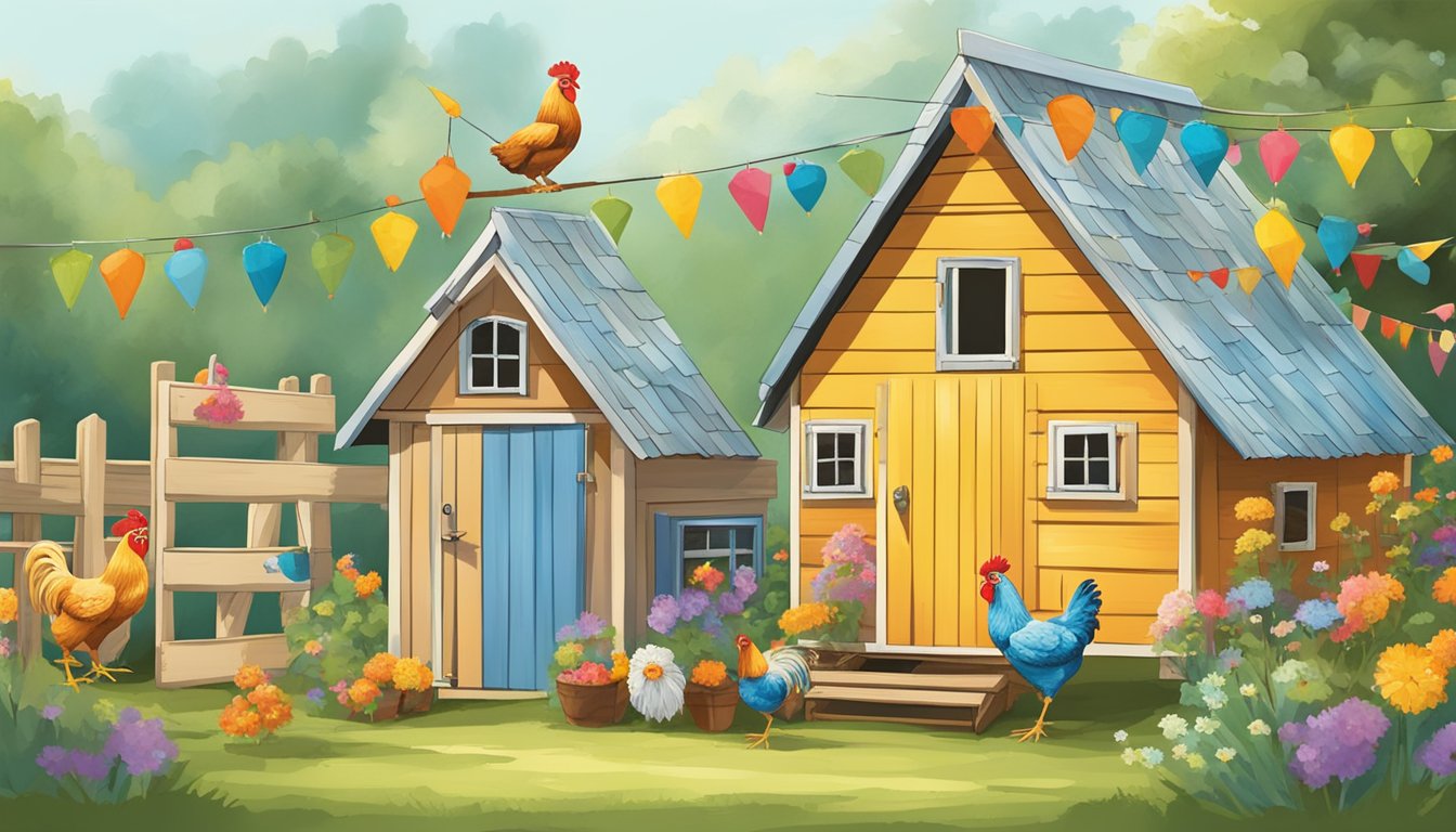 A colorful chicken coop adorned with whimsical chicken-themed decorations, including hanging wind chimes, a weather vane, and playful yard art