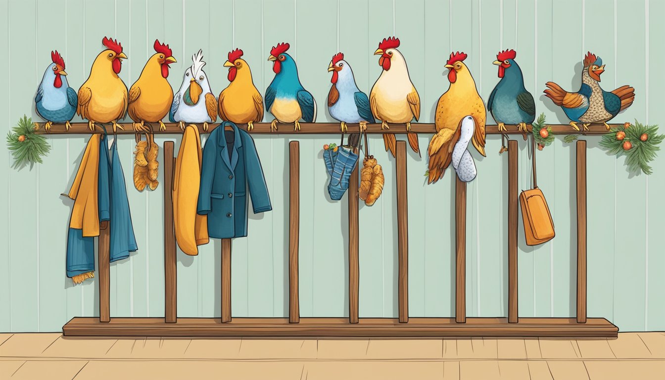 A whimsical coat rack made of perch poles and adorned with chicken-themed decorations