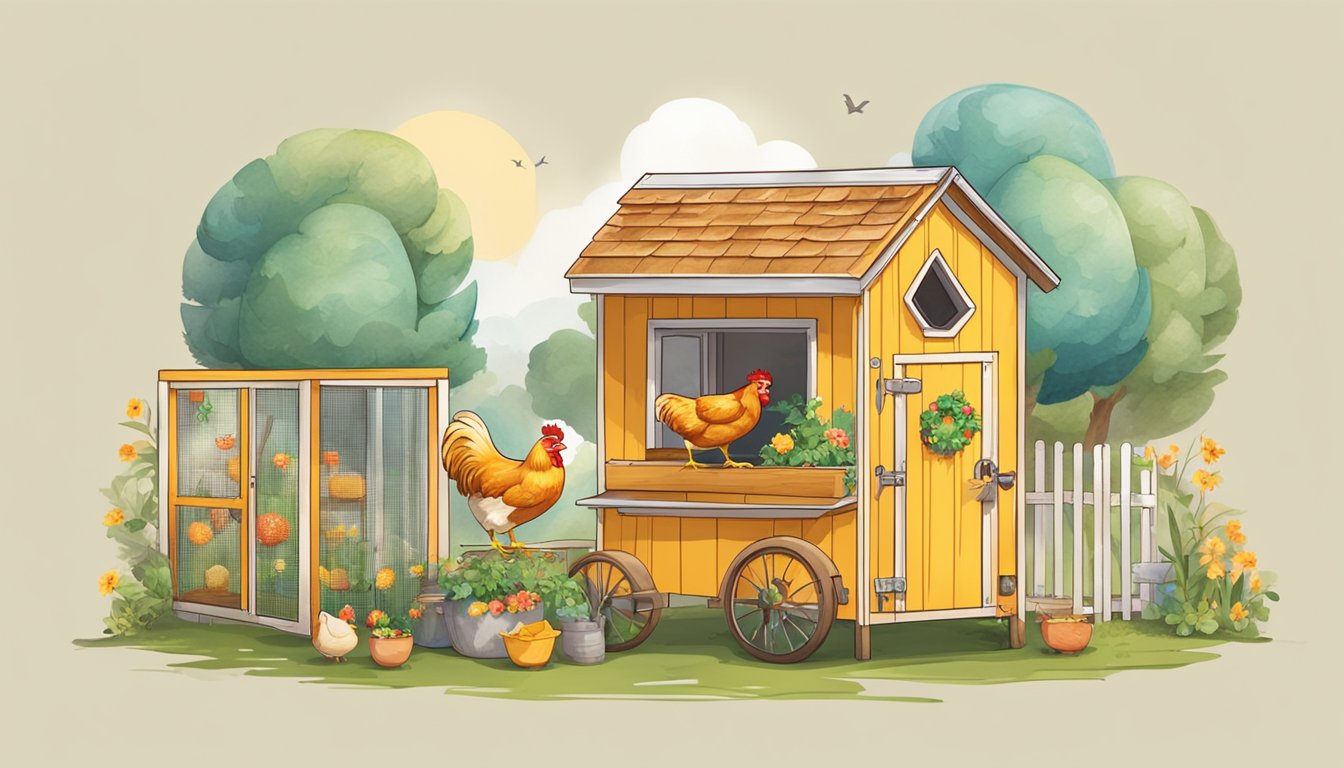 A cheerful chicken-themed coop with colorful decorations and playful motifs