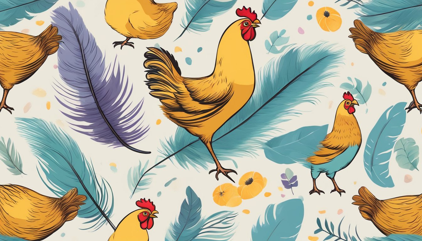 A colorful table runner adorned with feather prints, surrounded by various DIY chicken-themed decor and crafts