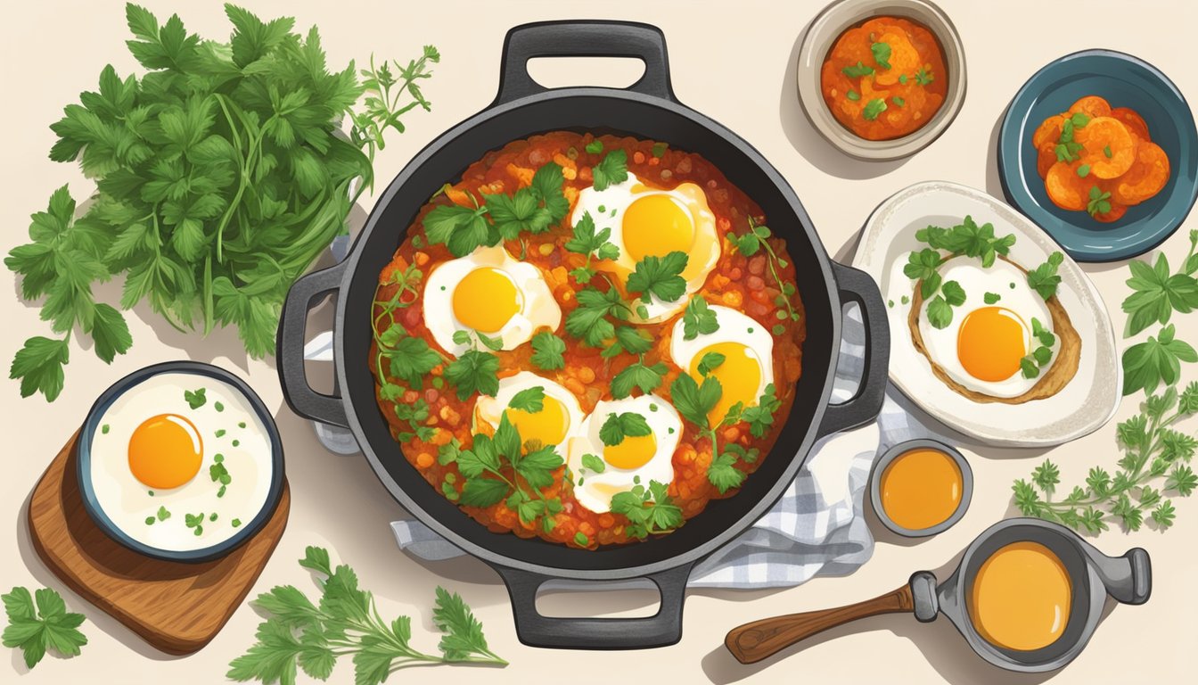 A rustic kitchen table set with a colorful shakshuka dish topped with fresh herbs, surrounded by a dozen fresh eggs in a basket