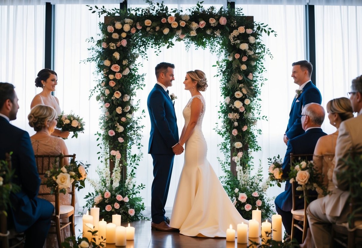 A couple stands facing each other, surrounded by flowers and candles, as they exchange heartfelt vows
