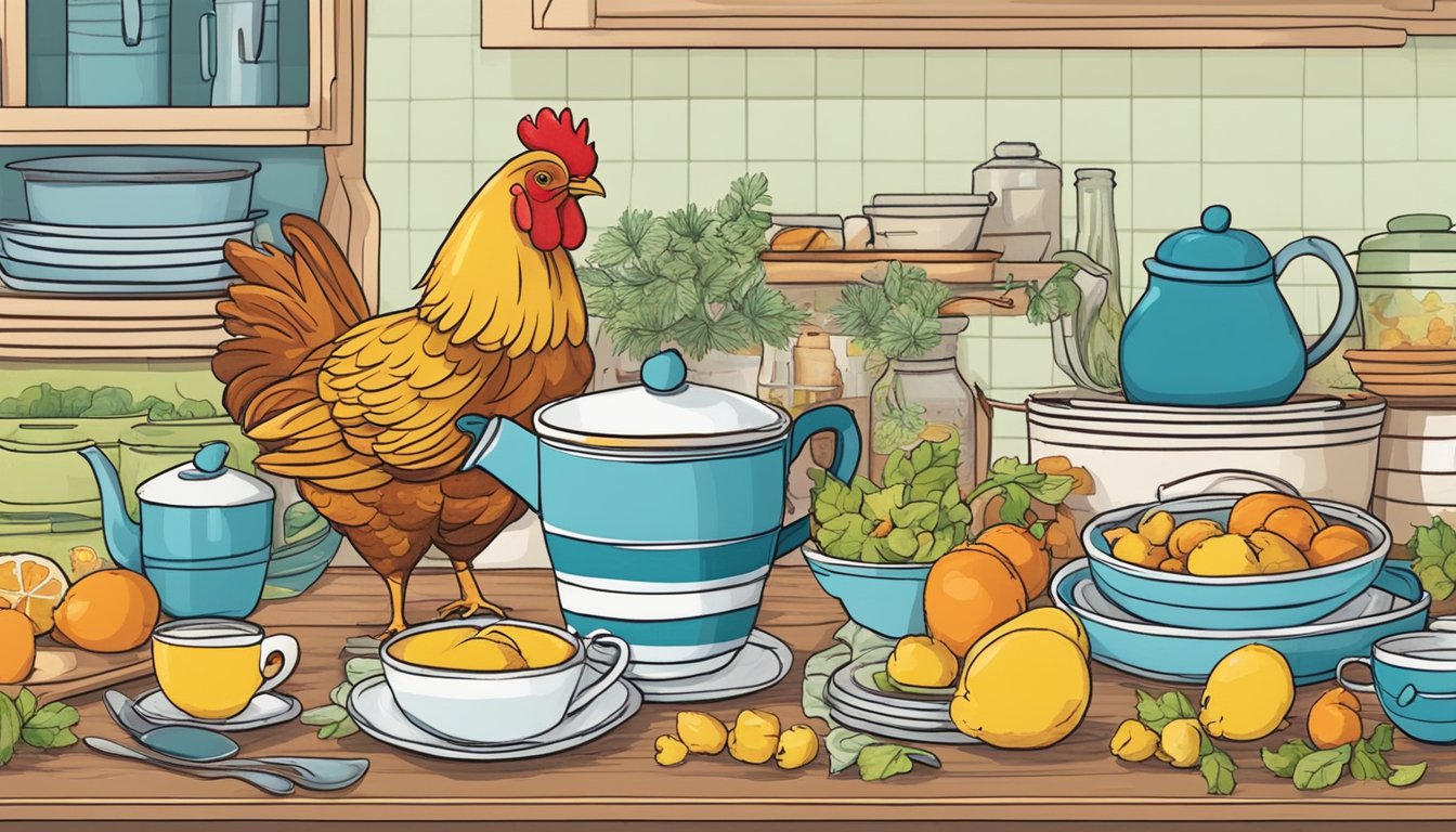 A cozy kitchen with colorful chicken-themed DIY projects scattered around, including hand-painted mugs, embroidered tea towels, and whimsical wall art