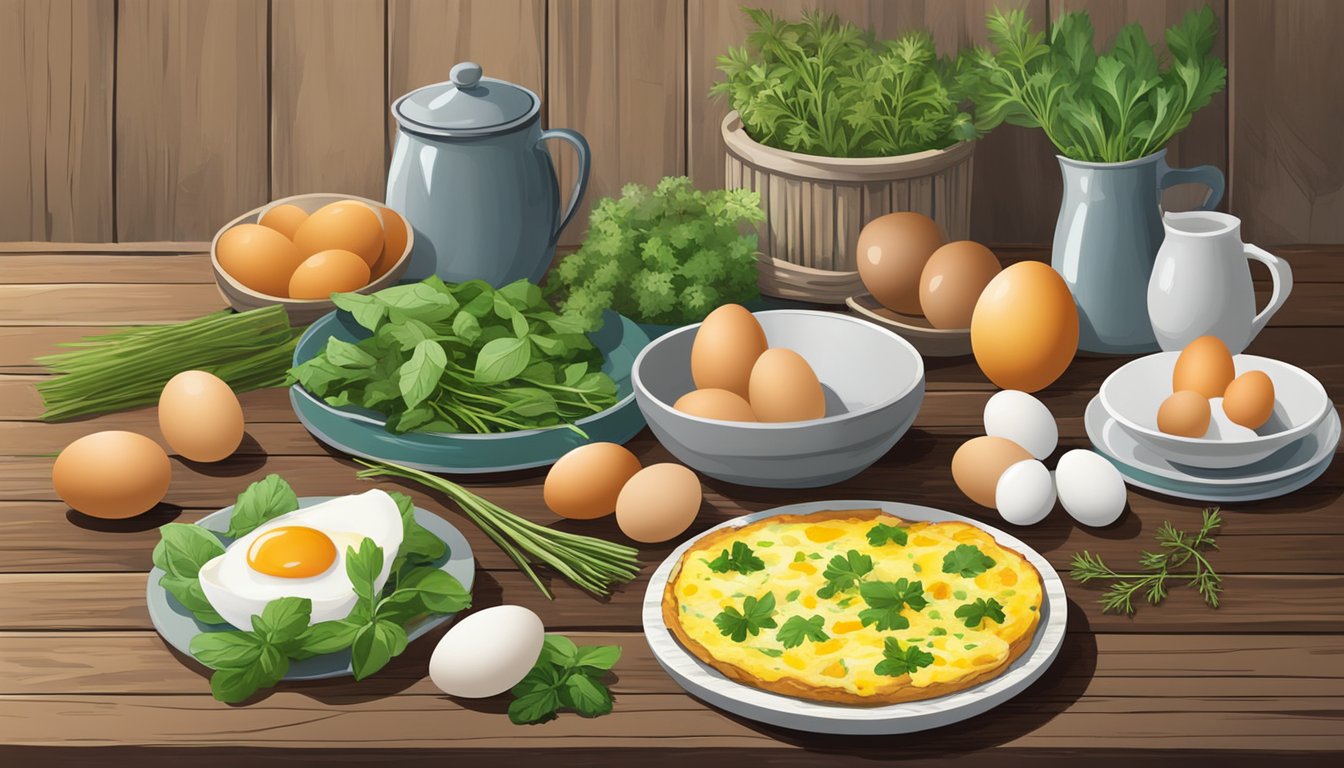 A colorful array of fresh eggs, herbs, and a frittata on a rustic wooden table