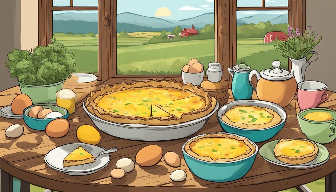 A rustic kitchen table with a freshly baked quiche Lorraine surrounded by a dozen colorful farm-fresh eggs