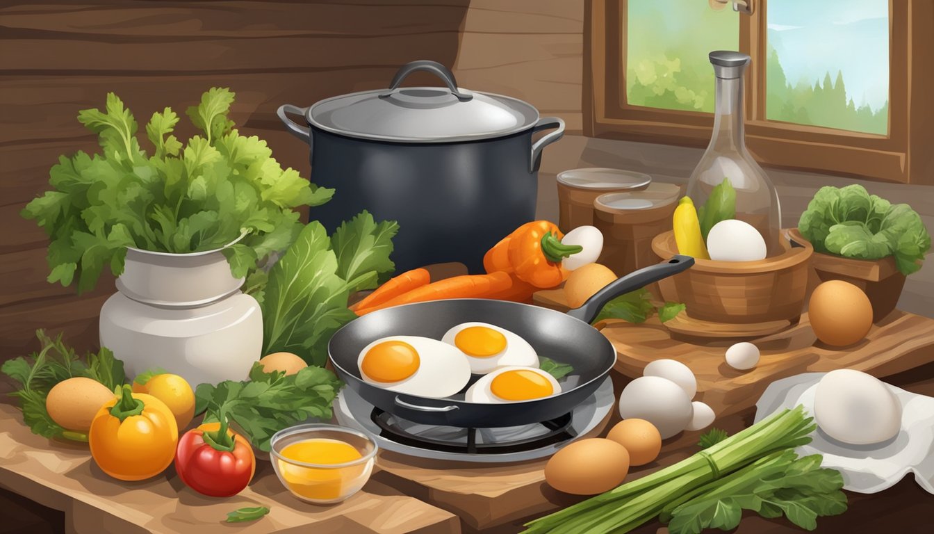 A rustic kitchen with a wooden table set with ingredients and a basket of fresh eggs, surrounded by colorful vegetables and a frying pan on a stove