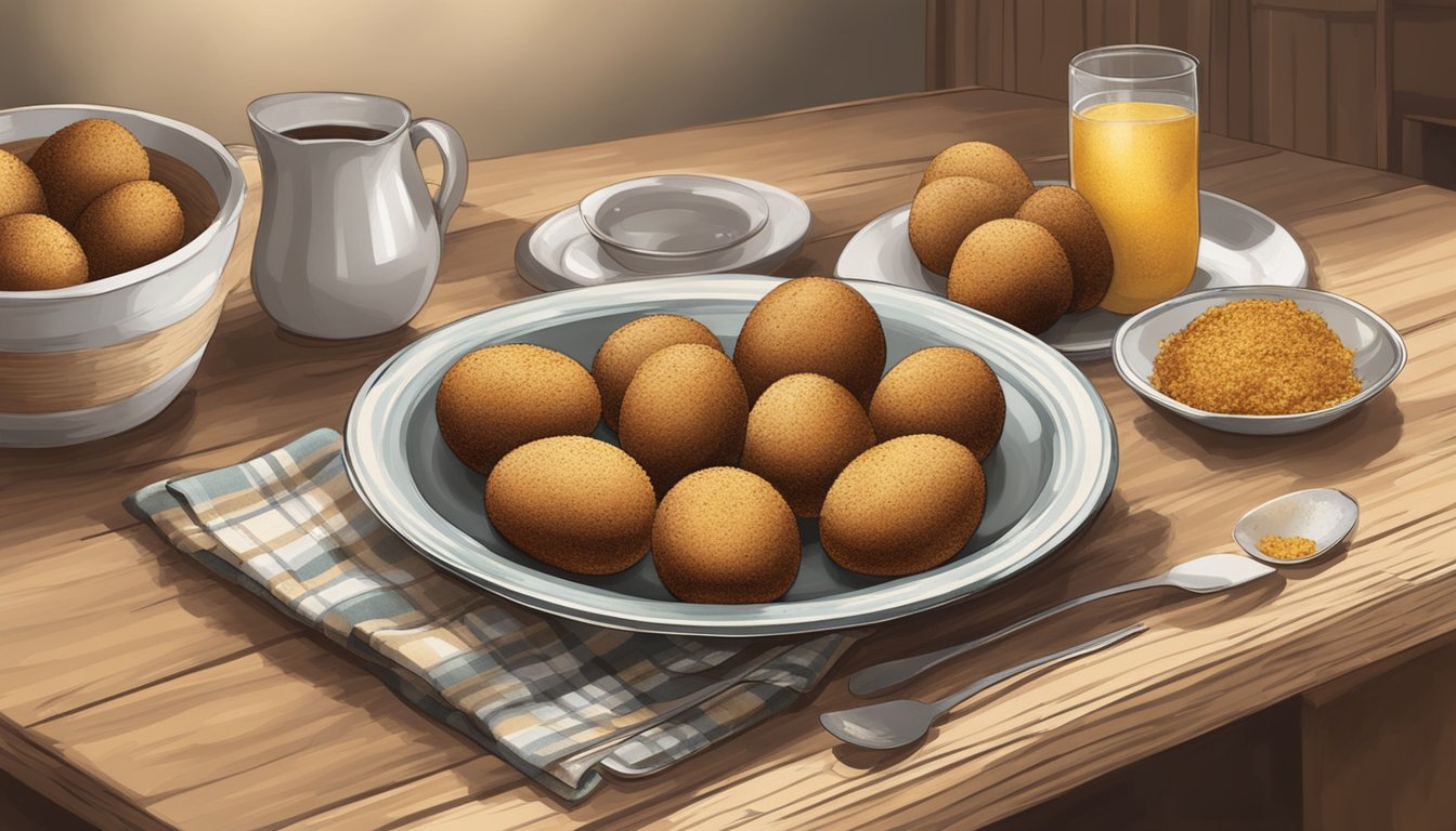 A rustic kitchen table with a basket of brown eggs, a bowl of breadcrumbs, and a plate of golden Scotch eggs