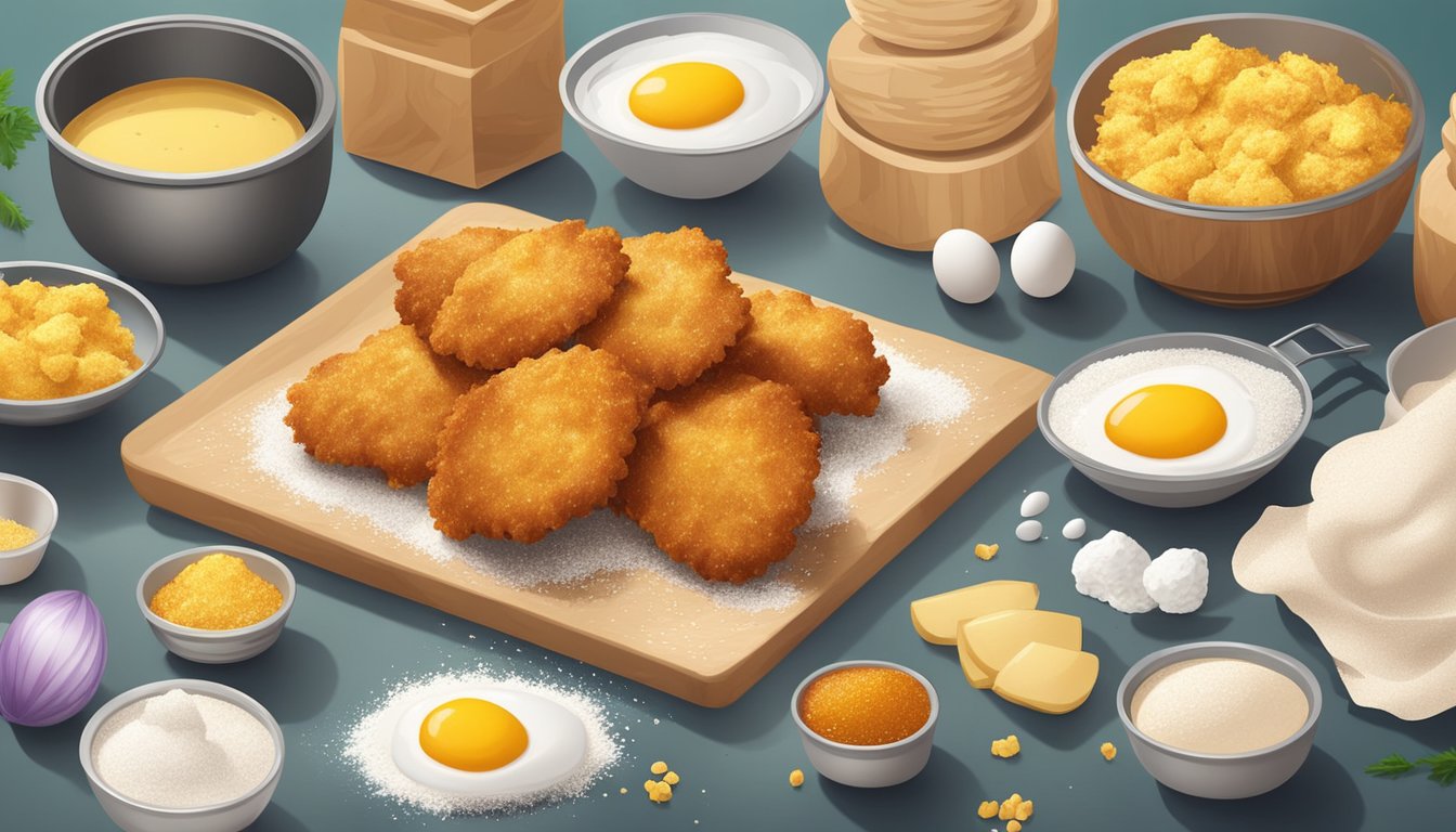 Golden baked chicken nuggets surrounded by ingredients like flour, eggs, and seasoning on a clean kitchen counter