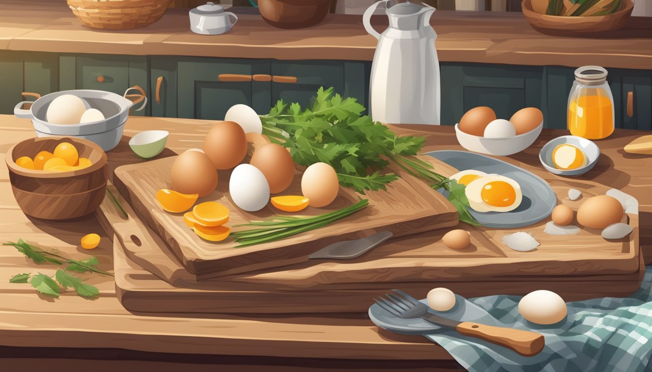 A rustic kitchen with a basket of colorful fresh eggs, a wooden cutting board, and various cooking utensils laid out for preparing 10 delicious recipes