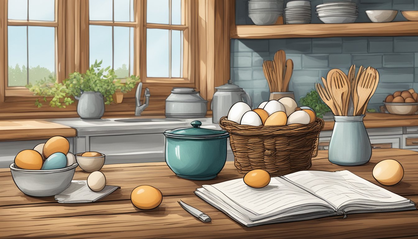 A rustic kitchen with a wooden table adorned with colorful farm-fresh eggs, a wire basket, and a handwritten recipe book open to a page titled "Understanding Egg Variants."