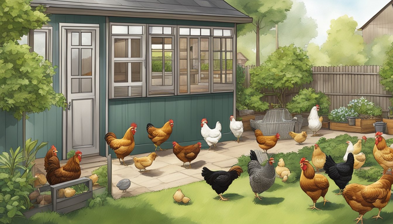 A backyard with a variety of chicken breeds (e.g., Orpington) in an urban setting with a coop and greenery