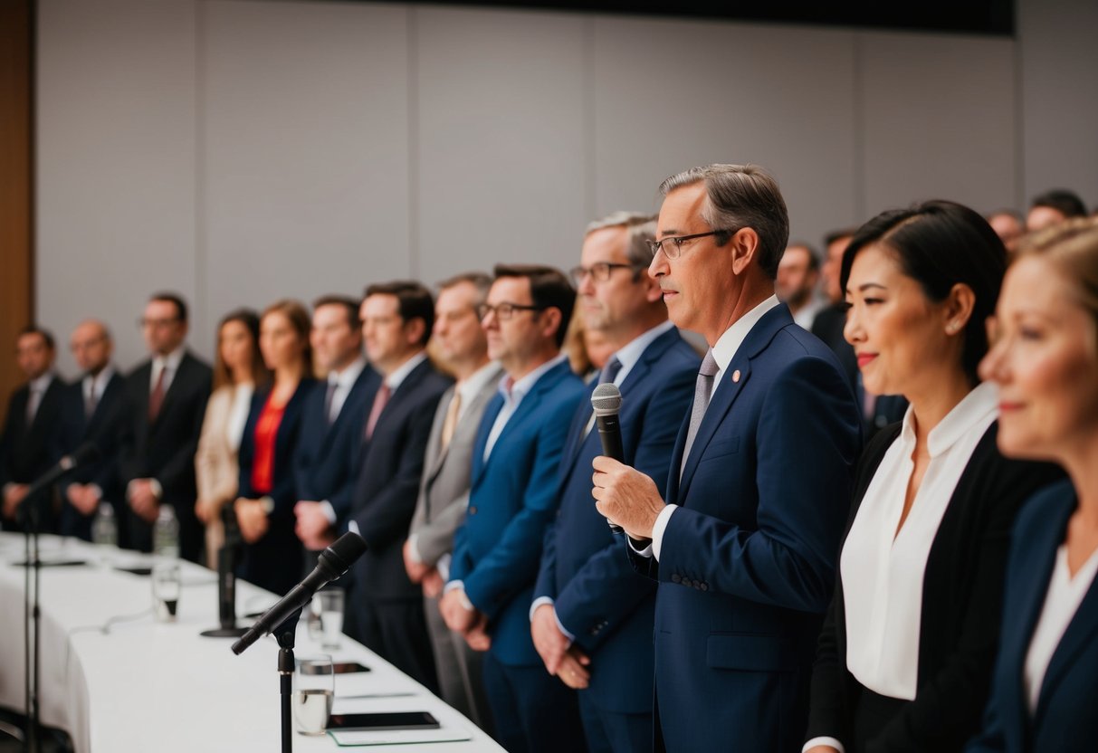 A line of figures stand in front of an audience, taking turns speaking into a microphone