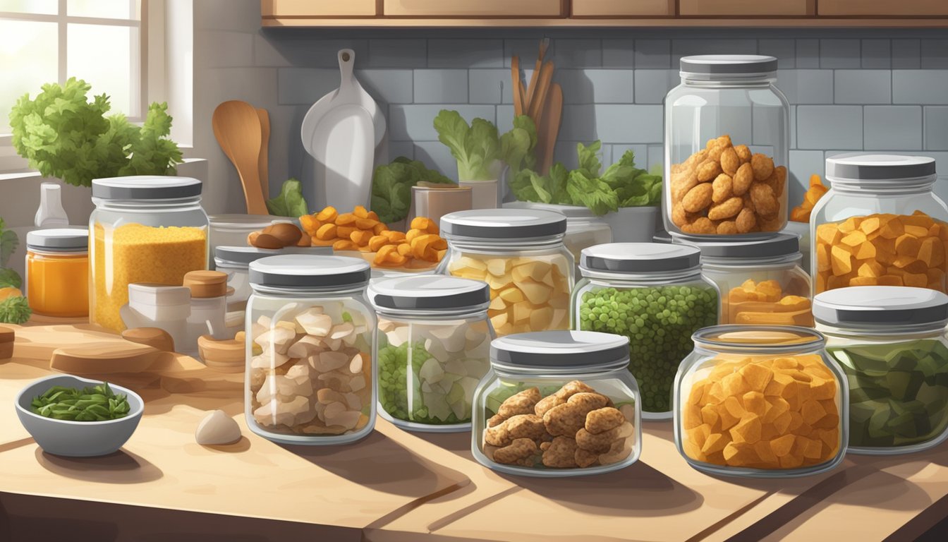 A kitchen counter with various homemade chicken treats neatly organized in glass jars and containers, surrounded by fresh ingredients and cooking utensils