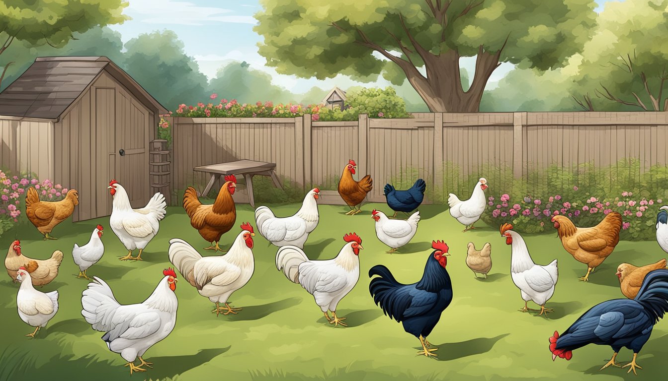 A backyard with 10 different chicken breeds roaming freely