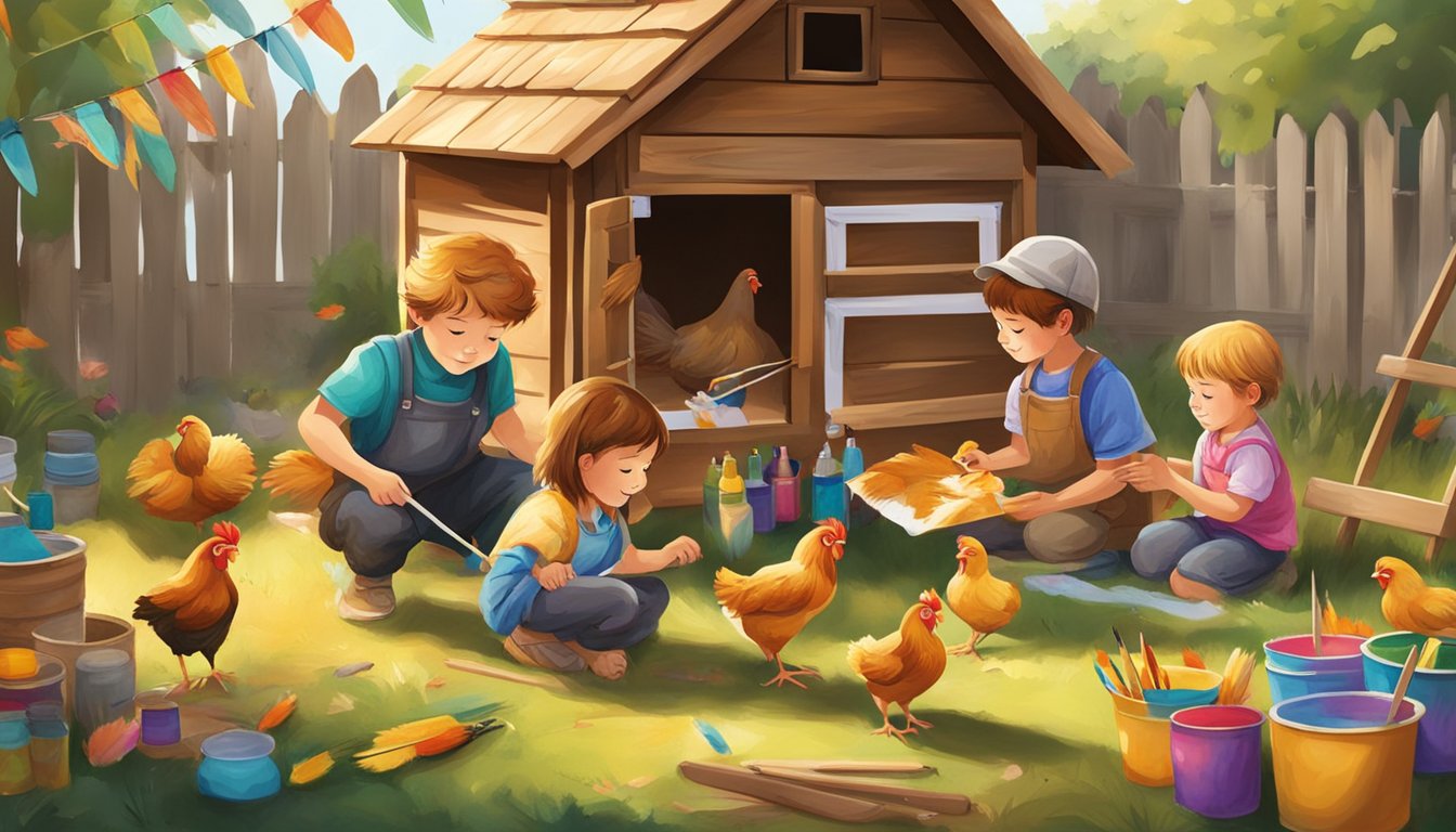 A group of children painting and decorating a homemade chicken coop, surrounded by colorful feathers and chicken-themed art supplies